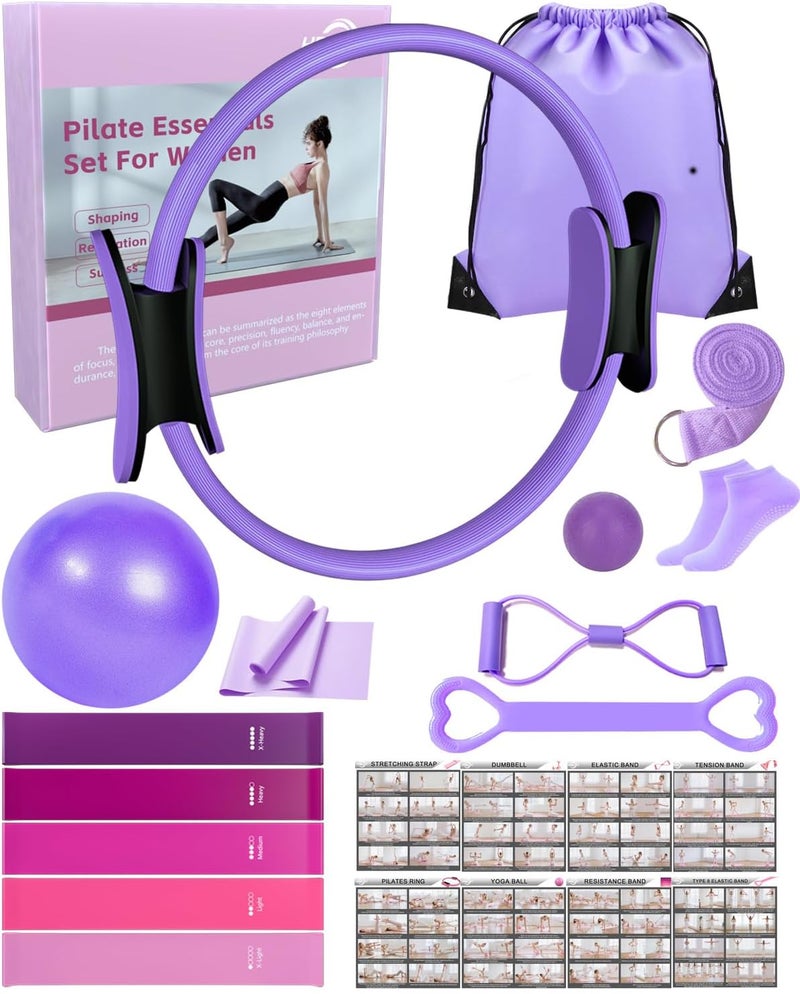 KABCON Pilates Kit for Home, Women Beginners Workout Essentials Set with 13" Ring, 9.8" Ball, Resistance Bands & Guide, 13/14/16 PCS Compact Pilates Equipment - Image 1